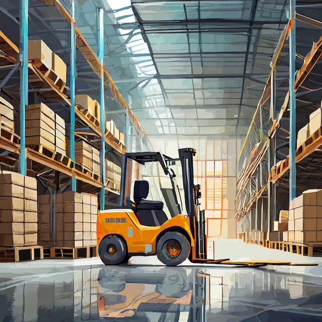 Artwork of a yellow forklift in a warehouse